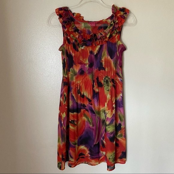Sunny Leigh Dresses & Skirts - Sunny Leigh Women's Size PP Petite Small Colorful Floral Ruffled Neck Dress